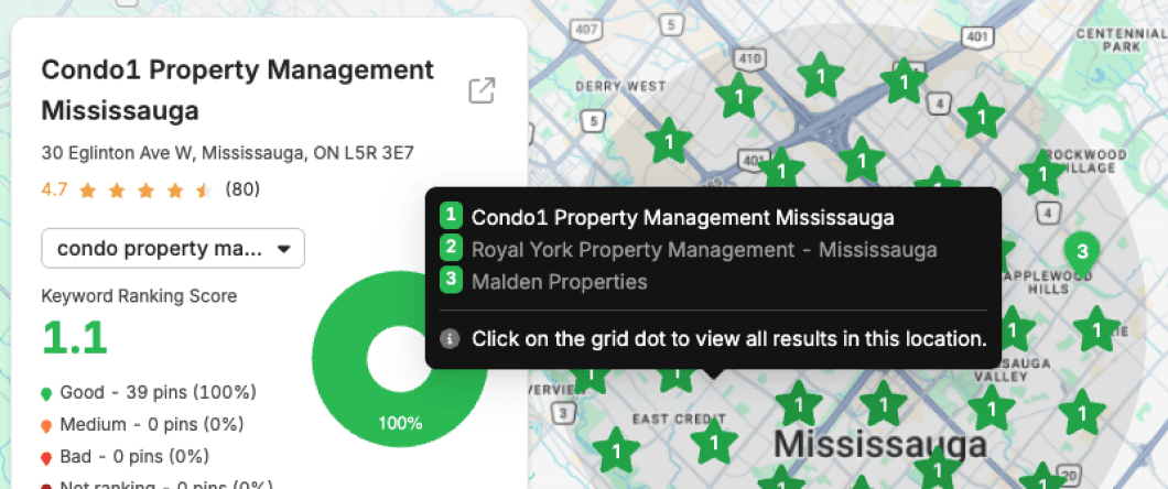 Heatmap showing #1 ranking across all Mississauga neighbourhoods
