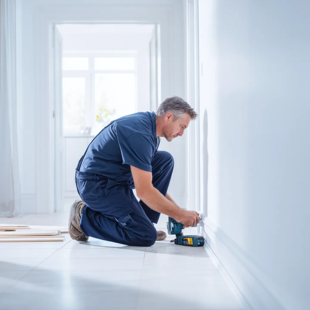 Carpenter installing trim in renovated home