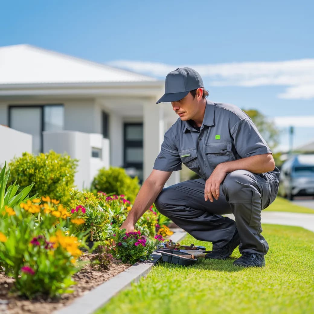 Landscaper working on suburban front yard