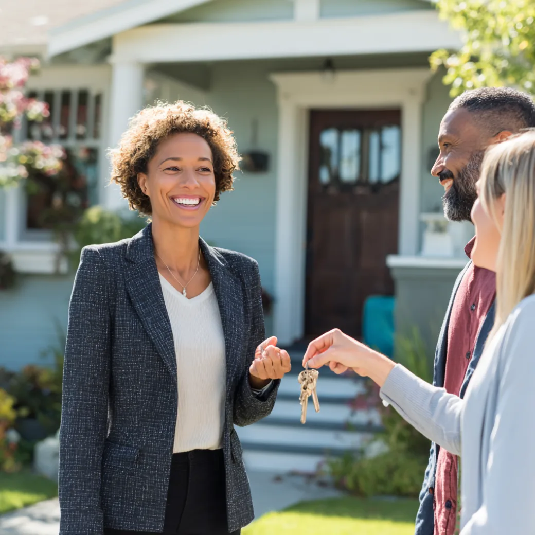 Agent handing keys to new homebuyers
