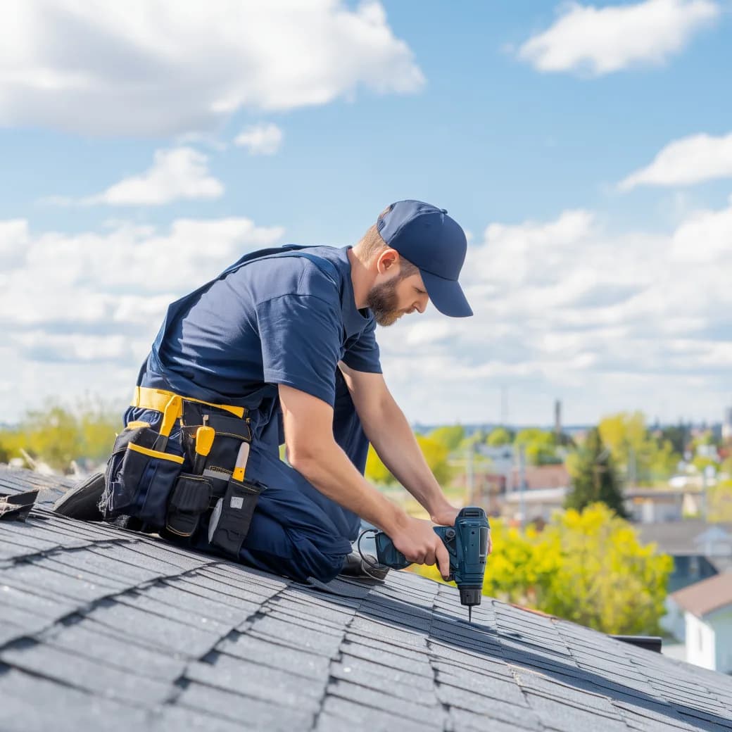 Roofer working on shingle installation