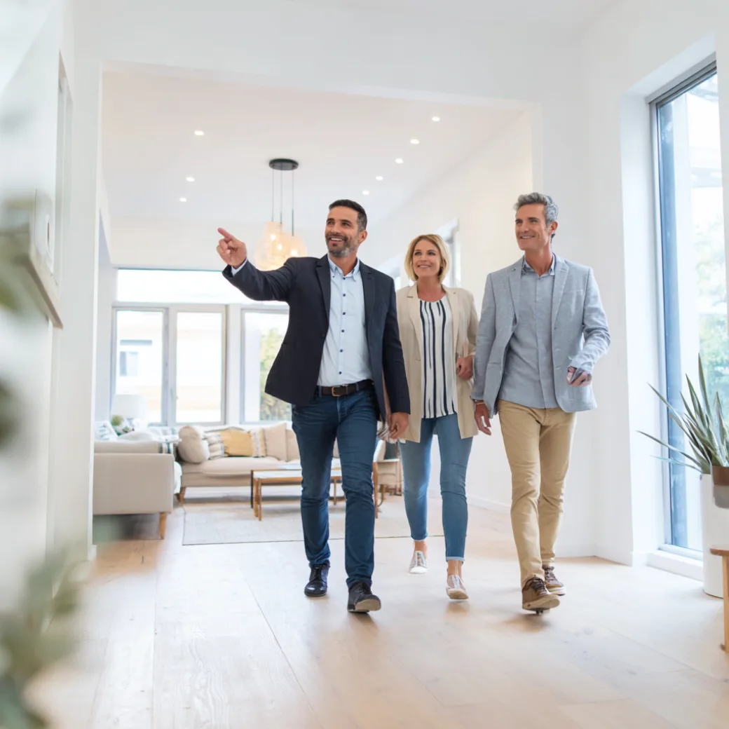 Agent showing couple a luxury home interior