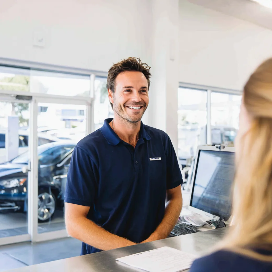 Customer at service desk choosing a shop