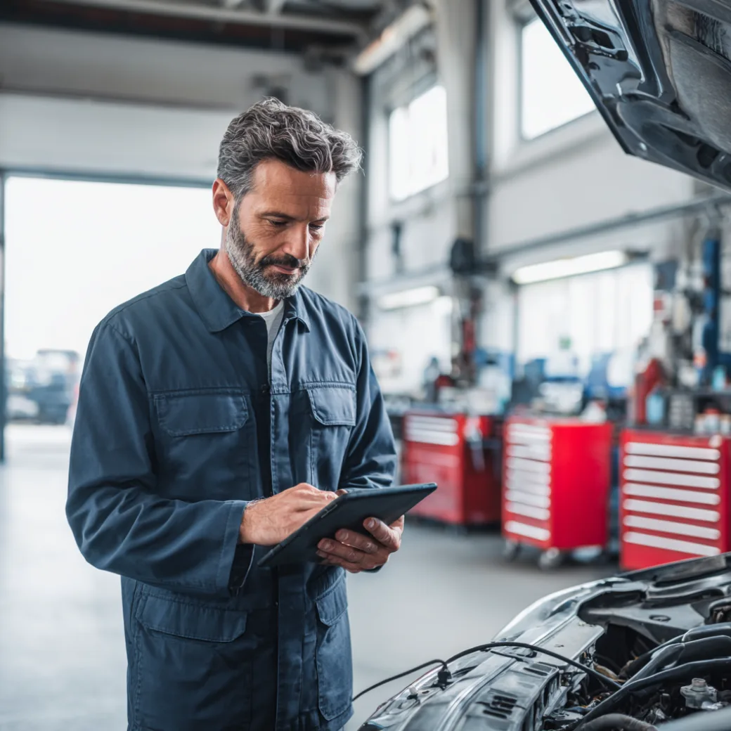 Mechanic with tablet checking service history